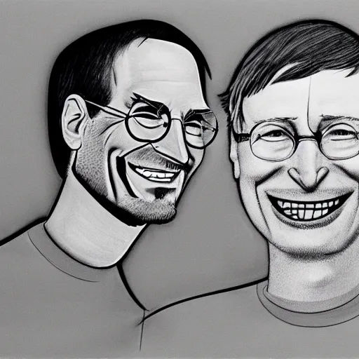 Image similar to Steve Jobs and Bill Gates laughing at an interview, sketch art