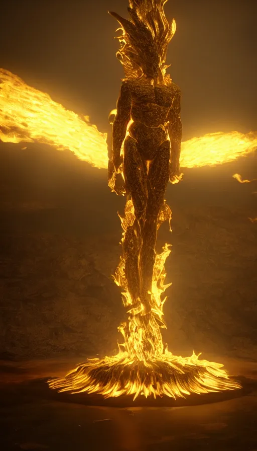 Image similar to a god made of golden fire, octane renderer, unreal engine, hyper realistic, volumetric lighting