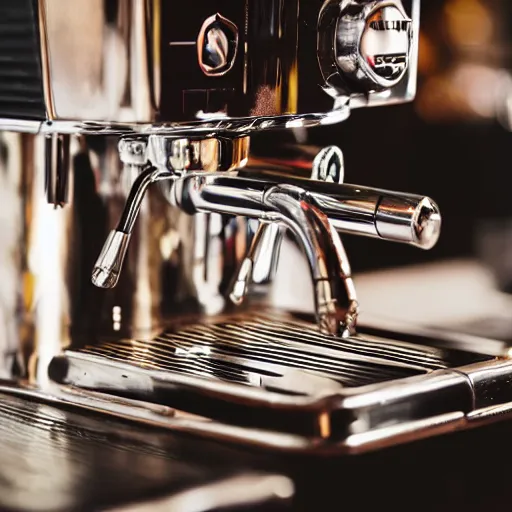 Prompt: close up realistic detailed photo of an expensive espresso machine in a cozy coffee shop, hdr, depth of field, chrome, reflections, volumetric lighting