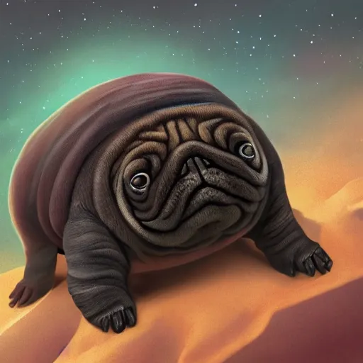 Image similar to A tardigrade with the eyes and mouth of a pug, national geographic-file-photograph, paywall-content, premium-award-winning, trending on artstation