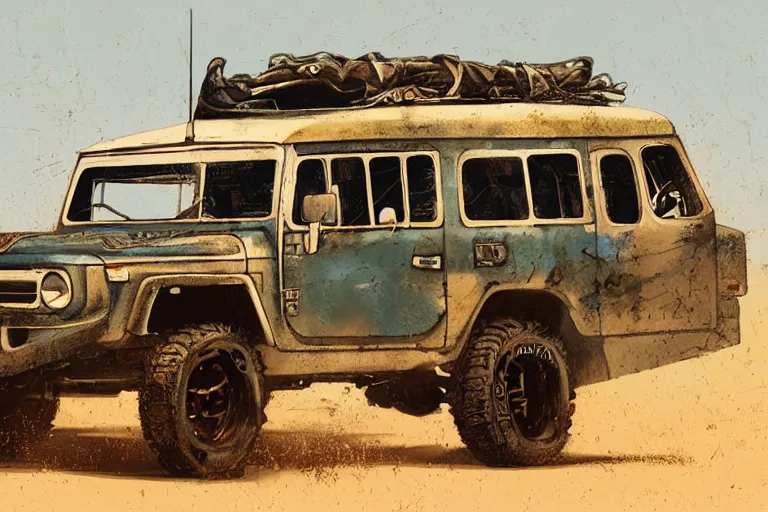 Image similar to digital illustration of mad max's fj 4 0 decrepit pursuit special, rusty nissan fj cruiser 1 9 8 0 s, the last v 8 interceptor by makoto shinkai, ilya kuvshinov, lois van baarle, rossdraws, basquiat