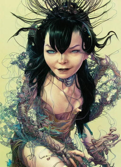 Image similar to realistic detailed painting of Bjork by yoshitaka amano, Masamune Shirow and rebecca guay and Moebius, Neo-Gothic, Cyberpunk, rich deep colors