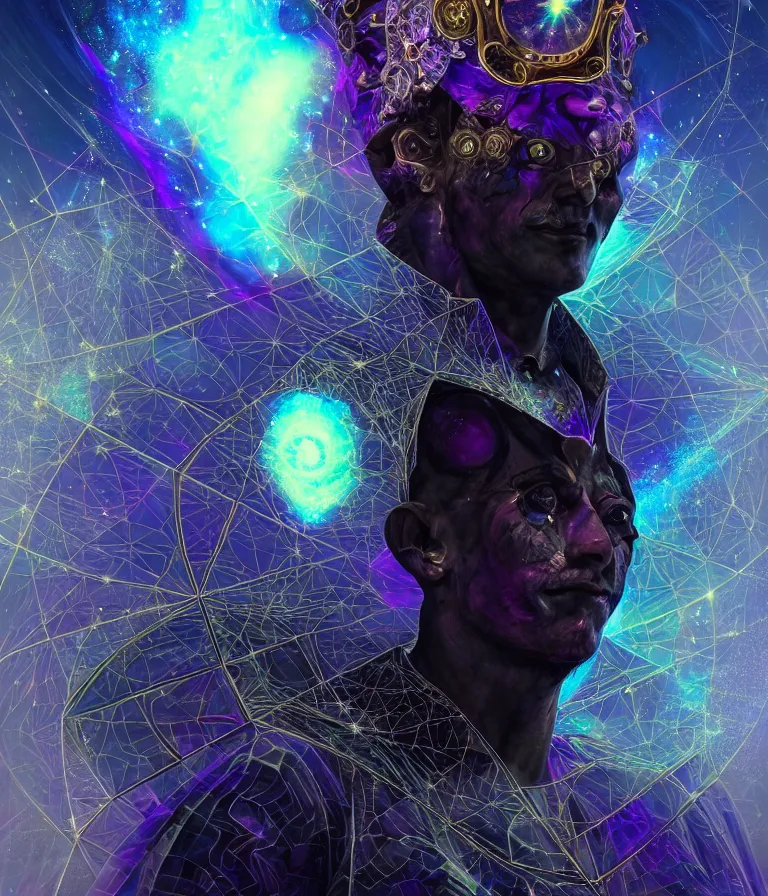 Image similar to front!!! shot of a court jester!!! character, mesmerizing fractal hypercubes, dark holography!!!, future, metallic nebula, crystalline edges, polygonal, elegant, highly detailed, centered, (((artstation, concept art, jagged, sharp focus, artgerm, Tomasz Alen Kopera, Peter Mohrbacher, donato giancola, Joseph Christian Leyendecker, WLOP, Boris Vallejo))), ((raytracing)), mugshot!!!!!, ugly!!!!!!, octane render, nvidia raytracing demo, octane render, nvidia raytracing demo, octane render, nvidia raytracing demo, 8K