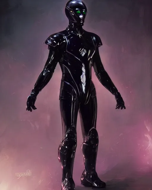 Prompt: character concept of iridescent sinewy smooth muscular male sleek glossy black pearlescent scifi armor with smooth black featureless helmet, by greg rutkowski, mark brookes, jim burns, tom bagshaw, magali villeneuve, trending on artstation