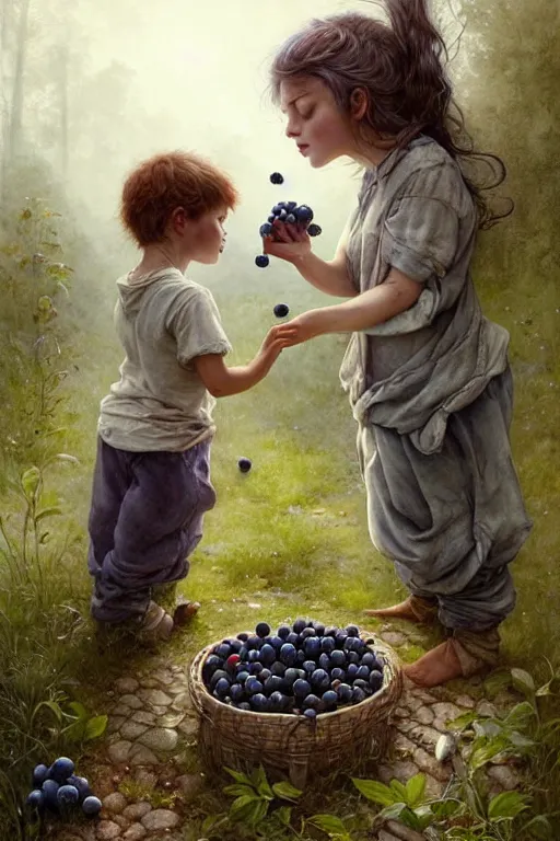 Prompt: kids picking huge blueberries | esoteric symbolism | jean - baptiste monge, esao andrews, bastien lecouffe - deharme, tim jacobus, ken currie | ultra - detailed realism, soft cinematic lighting, hi - fructose, artstation, high - quality, ink watercolors wes anderson poster art