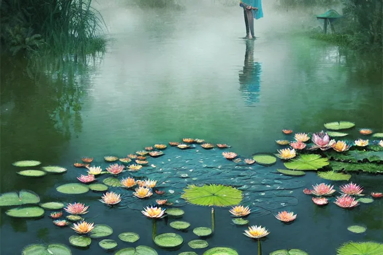 Image similar to light teal portrait in the rain on pond with waterlilies, fantasy, intricate, elegant, dramatic lighting, emotionally evoking symbolic metaphor, highly detailed, lifelike, photorealistic, digital painting, artstation, concept art, smooth, sharp focus, illustration, art by John Collier and Albert Aublet and Krenz Cushart and Artem Demura and Alphonse Mucha