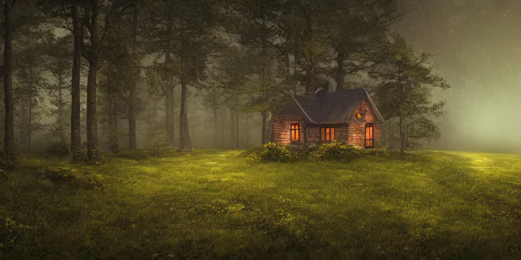 Prompt: lone cottage in the woods, 8k, fantasy, photorealistic, dramatic lighting