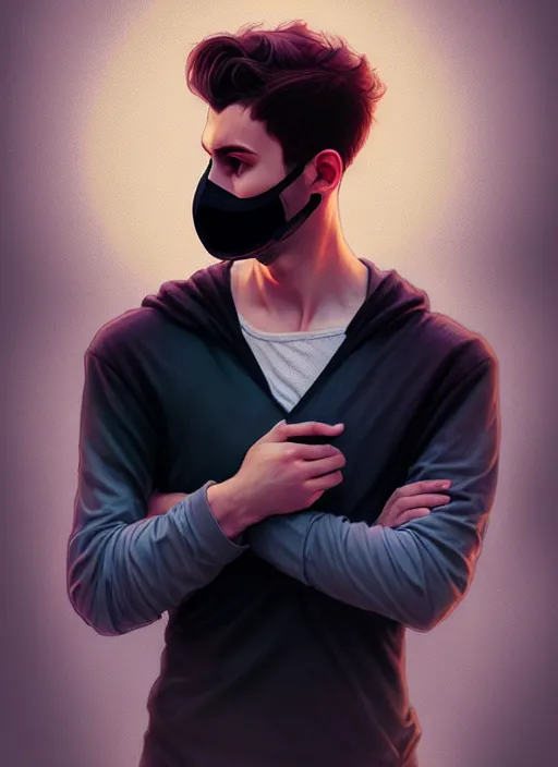 Image similar to handsome young man with black medical mask, half body shot, path traced, highly detailed, high quality, digital painting, alena aenami, lilia alvarado, shinji aramaki, karol bak, alphonse mucha, tom bagshaw