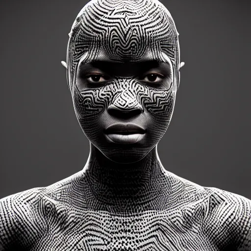 Image similar to : black human with maze pattern skin all over hyper detailed art station  dalle2 unity contest winners unrealengine trending on artstation,cinematic, hyper realism, high detail, octane render, 8k