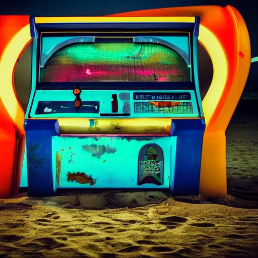 Prompt: an abandoned arcade machine on the beach at night. photograph in the style of simon stalenhag