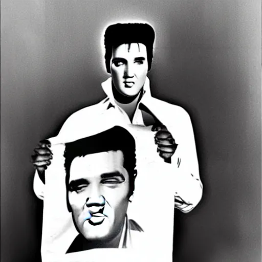 Image similar to a photo of elvis presley. a man with a paper bag on his head. a paper bag covering elvis presley's face