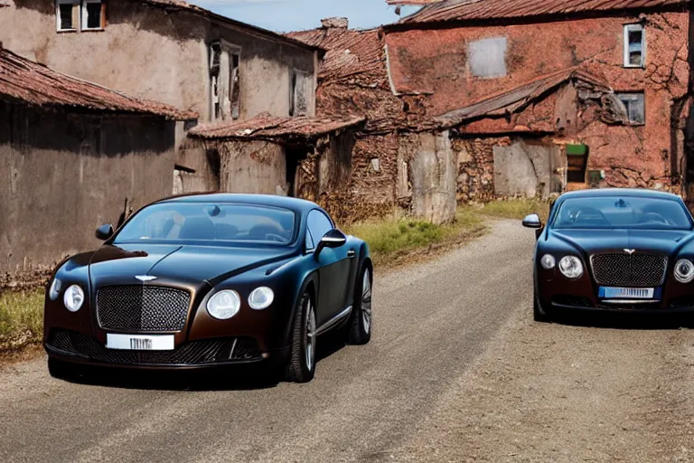 Image similar to modern rusty matte tired Bentley Continental GT without gloss no reflections drives along the road of an old Russian village with houses at the edges