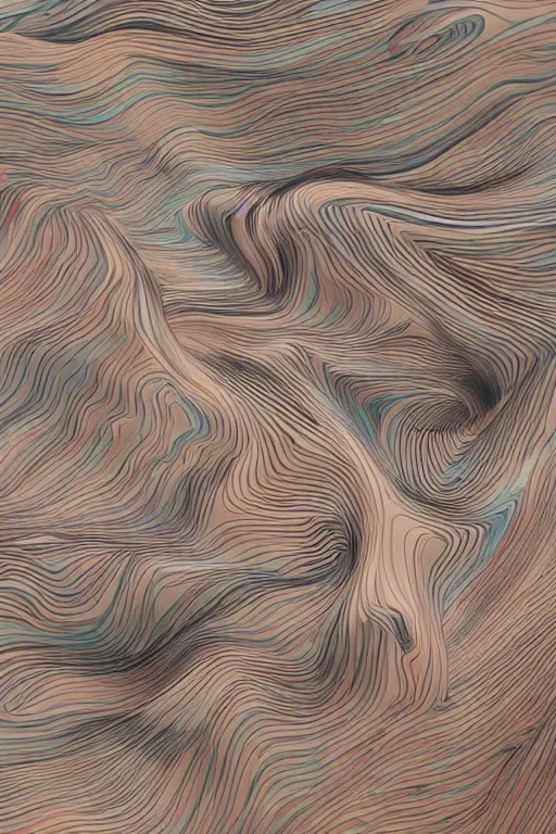 Prompt: ios 1 5 perfect abstract concept art by james jean and bridget riley and apple, canyon topography, plastic paint suspended in oil, cinematic architectural scale, volumetric, particle simulation in houdini, beige cream natural muted tones, trending on artstation, rendered in octane