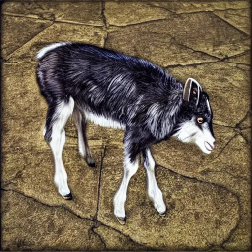 Image similar to hyperrealistic photo of a goat wolf hybrid beast in the square of a small medieval village