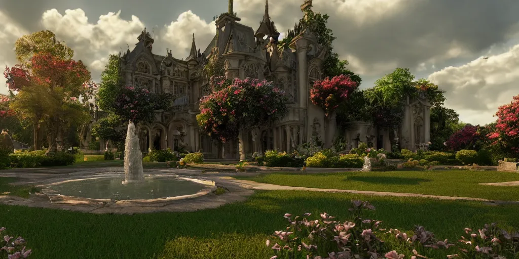 Prompt: gothic, mansion, few clouds, dawn, flowerbeds, trees, french garden, ornate fountain, nobles walking around, god rays, realistic, cinematic lighting, very detailed, very ornate, volumetric, by artstation, artemisia gentileschi, wide angle