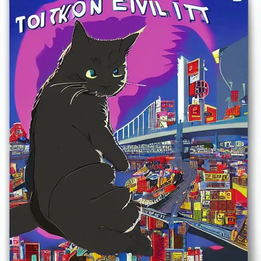 Prompt: giant evil cat destroys tokyo, poster