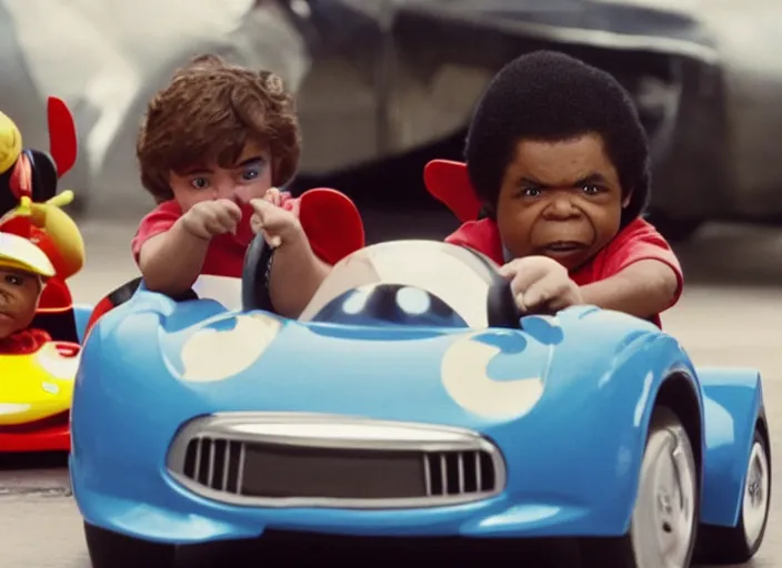 Image similar to peter dinklage racing gary coleman driving a little tikes cars, movie still, from the new fast and furious movie, 8 k, realistic