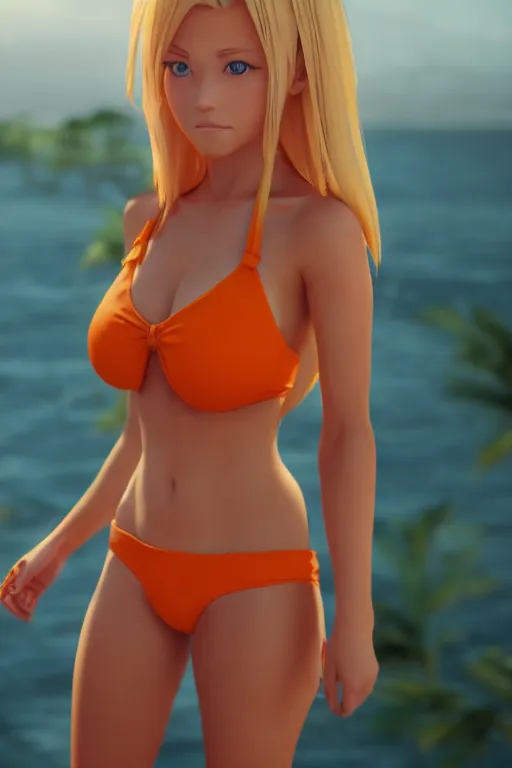 Image similar to beautiful blond woman in orange tribal bikini, blond hair pulled back, by makoto shinkai, 8 k, high resolution render, cinematic, unreal engine, clean lineart and flat color,
