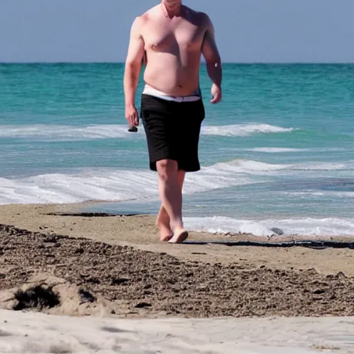 Image similar to elon musk smiling walking at the beach chilling in aruba