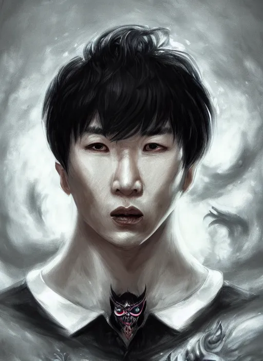 Image similar to a highly detailed illustration of fierce korean man with bowl cut black hair wearing tie with giant black claws, evil wielding giant black fog claws pose, foggy lovecraftian black mist surrounding background, perfect face, intricate, elegant, highly detailed, centered, digital painting, artstation, concept art, smooth, sharp focus, league of legends concept art, wlop.