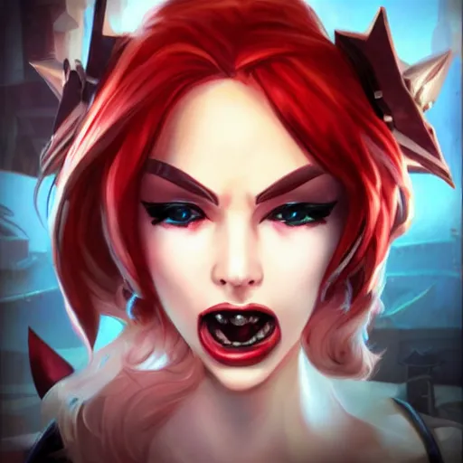 Prompt: miss fortune league of legends, horrifying, angry, evil, realistic, full face portrait