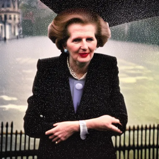 Image similar to margaret thatcher in rain rain rain drenched moist, hyper realistic cinematic color still volumetric lighting london background