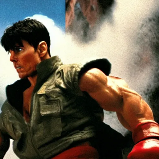 Prompt: Still of Tom Cruise as Ryu in Street Fighter, fighting position