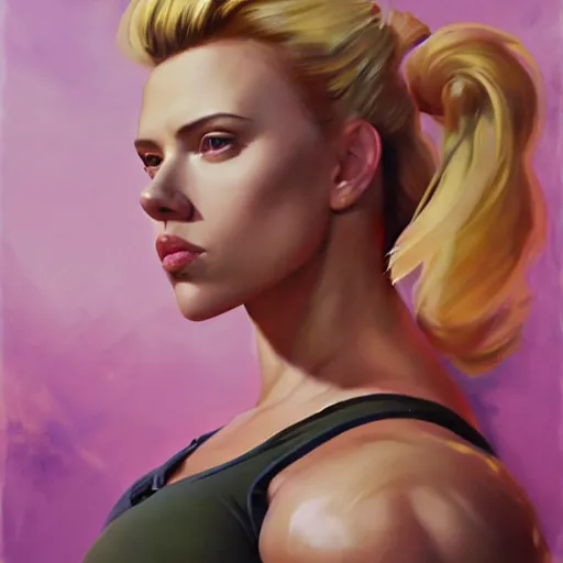 Image similar to greg manchess portrait of scarlett johansson as roided thick very muscular fitness model zarya from overwatch with short blond hair and ponytail, fantasy, medium shot, asymmetrical, profile picture, organic painting, sunny day, matte painting, bold shapes, hard edges, street art, trending on artstation, by huang guangjian and gil elvgren and sachin teng