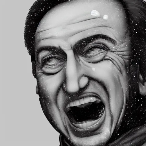 Prompt: Silvio Berlusconi covered in snow on face, open mouth close up, trending on artstation