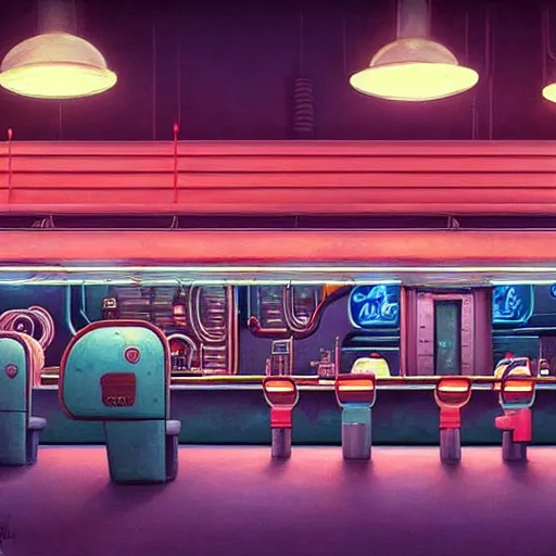 Prompt: beautiful painting of a dirty space diner in the style of Simon Stålenhag and H. R. Giger, detailed, trending on Artstation