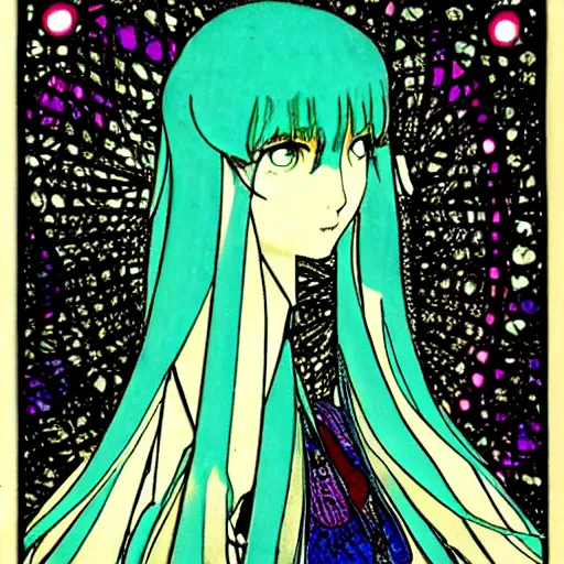 Image similar to Hatsune miku by Harry Clarke, anime style