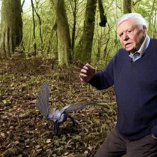 Prompt: Sir David Attenborough in the woods with a small red-eyed Mothman