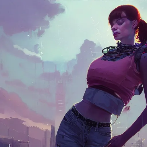 Image similar to highly detailed upper body portrait christina hendricks wearing a croptop cyberpunk clothed in gta v, stephen bliss, unreal engine, fantasy art by greg rutkowski, loish, rhads, ferdinand knab, makoto shinkai and lois van baarle, ilya kuvshinov, rossdraws, tom bagshaw, global illumination, radiant light, detailed and intricate environment