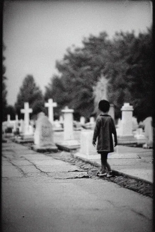 Prompt: photo polaroid of sad and lonely child in the middle of the street, in front of him is a cemetery graves, loneliness, black and white ,photorealistic, 35mm film,