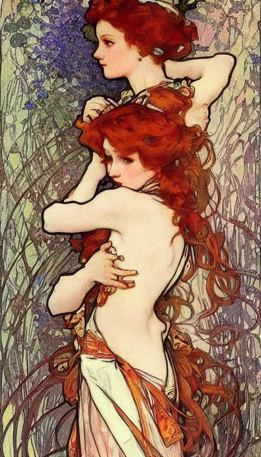 Prompt: beautiful ample redhead woman with a bow around her waist, ornate, mucha