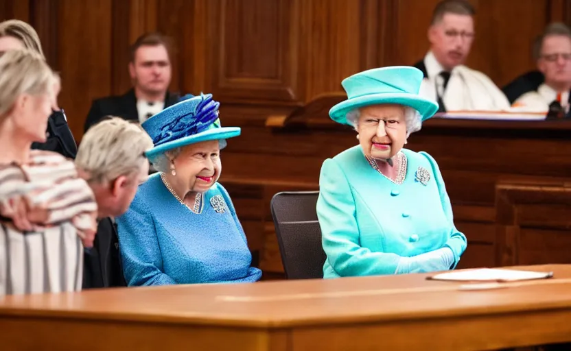 Image similar to photo of Queen Elizabeth in the court room being arrested, sitting at the table, highly detailed, high quality, HD, 4k, 8k, Canon 300mm, professional photographer, 40mp, lifelike, top-rated, award winning, realistic, sharp, no blur, edited, corrected, trending