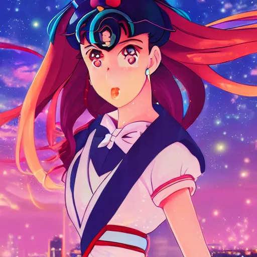 Image similar to portrait of sailor moon, city background, rich vivid colors, ambient lighting, dynamic lighting, 4k, HQ, official media, anime key visual, makoto shinkai, ilya kuvshinov, lois van baarle, rossdraws, detailed, trending on artstation