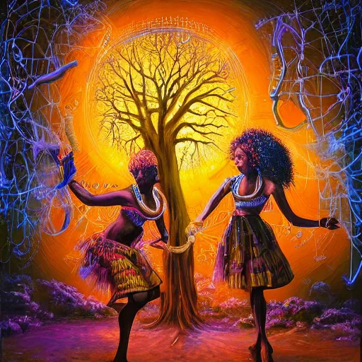 Prompt: african women dancing around a glowing, energized, steampunk neon portal near the electric tree of life in a lightning storm, by alan kenny. oil on canvas, detailed and intricate environment, radiant lighting. highly detailed. masterpiece