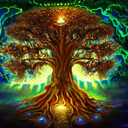 Image similar to A 100 year old ancient huge glowing tree of life, fantasy painting, lots of detail