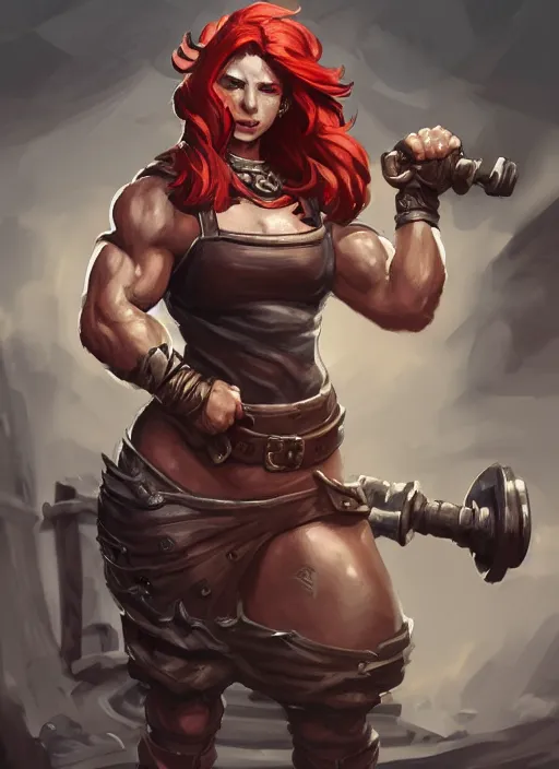 Image similar to a highly detailed illustration of fierce red haired blacksmith woman wearing blacksmith apron, muscular, dramatic pose, intricate, elegant, highly detailed, centered, digital painting, artstation, concept art, smooth, sharp focus, league of legends concept art, wlop.