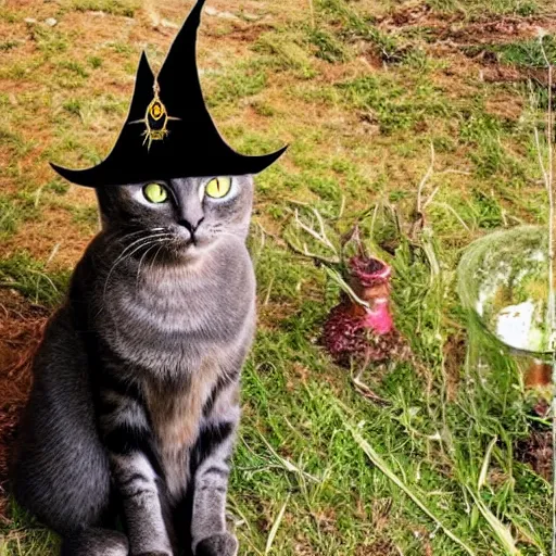 Image similar to beautiful cat with a wizard hat in the shire