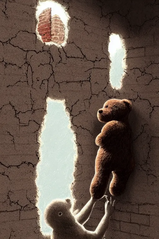 Image similar to giant crack hole on the brick concrete wall, hand coming from inside the crack reaching towards camera haand is holding a teddybear. gloomy, intricate, elegant, highly detailed, digital painting, artstation, concept art, addiction, chains, smooth, sharp focus, illustration, art by ilja repin