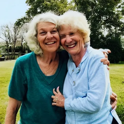 Prompt: photo of a happy elderly white woman with her 20-year-old white granddaughter