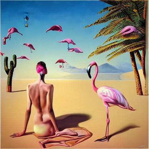 Prompt: A surreal oil painting of a puzzle containing a beautiful woman and Flamingos on a desert beach oasis by Salvador Dali, dark vibes, pastel lighting, high contrast, cinematic, depth of field