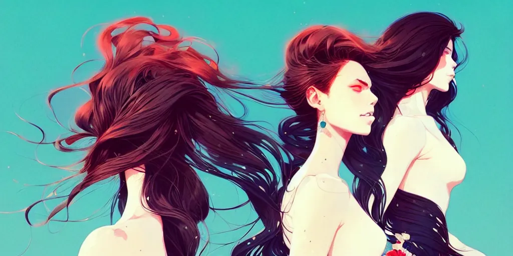 Image similar to a ultradetailed beautiful panting of two stylish woman with flowing hair standing back to back, by conrad roset, greg rutkowski and makoto shinkai, trending on artstation