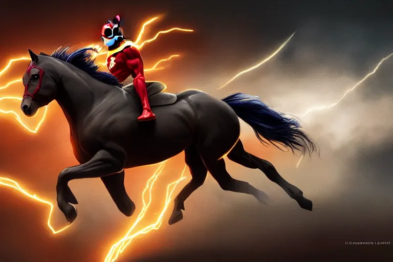 Image similar to a stunning digital painting of a horse as the flash in spandex costume, running in the speedforce by greg rutkowski, volumetric light, digital art, fine detail, photorealistic