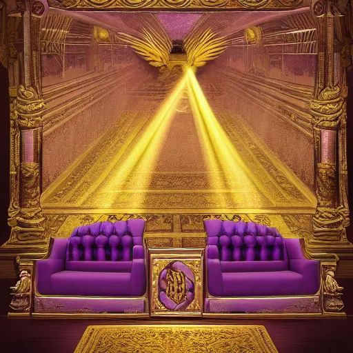 Image similar to Digital art of the golden throne room Imperial matte finish, ominous dramatic wide angle, god rays purple tapestries