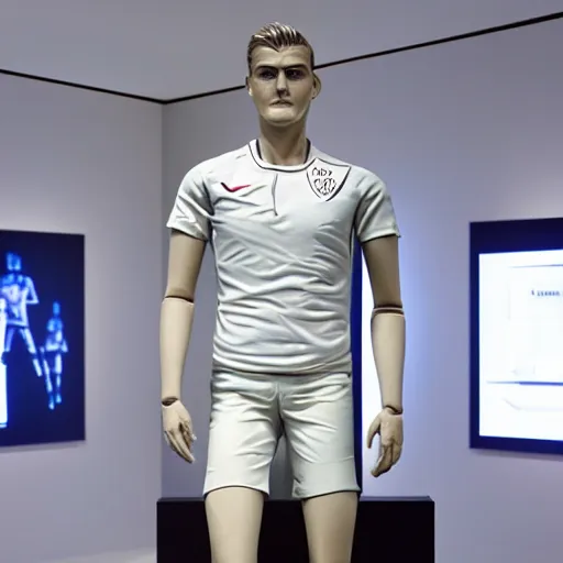 Image similar to a realistic detailed photo of a guy who is an attractive humanoid who is half robot and half humanoid, who is a male android, soccer player matthijs de ligt, shiny skin, posing like a statue, blank stare, at the museum, on display