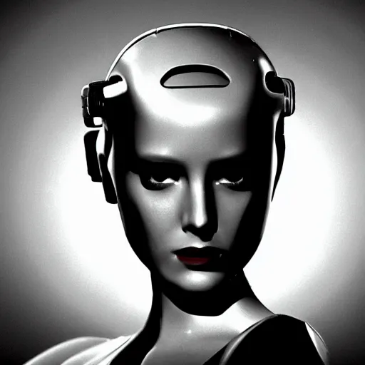 Image similar to portrait of female android, from a film noir movie