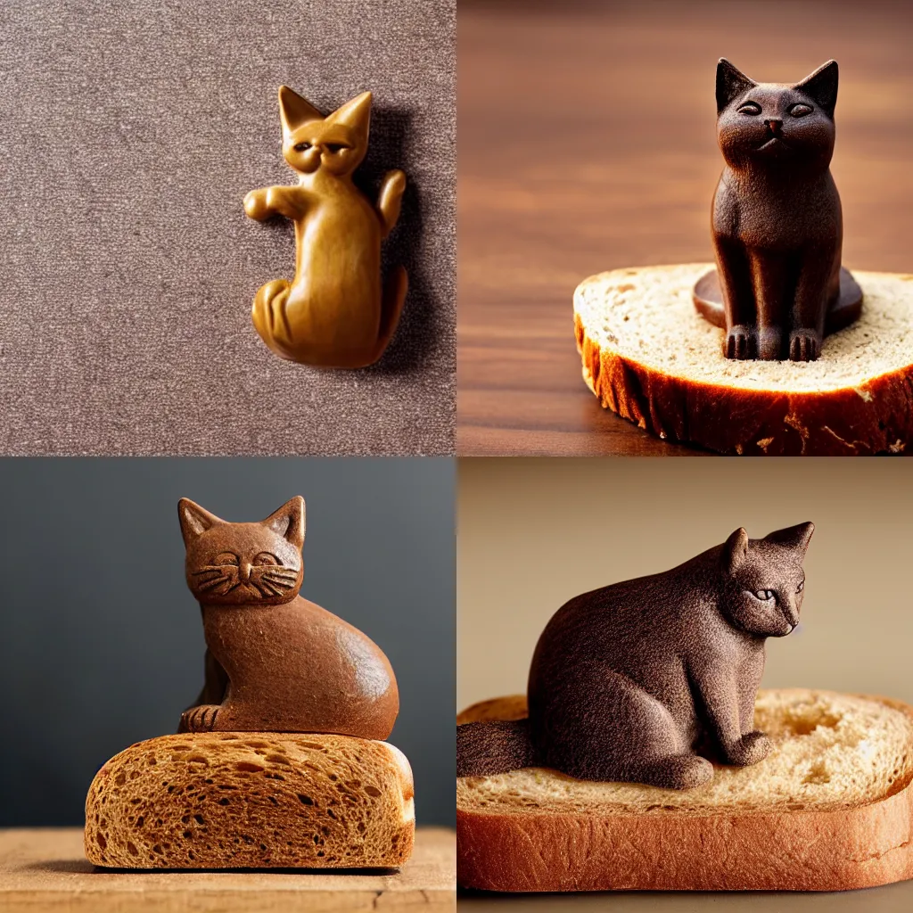 Prompt: A brown statuette of a cat on a piece of bread. solid Background.